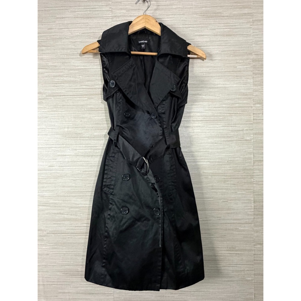 Bebe Trench Dress Womens Small Black Sleeveless Double Breasted Belted Waist